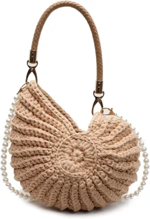 Seashell Bag Boho Shell Purse Handwoven Crossbody Bag for Women with Pearl Strap Leather Handle & Premium Hardware