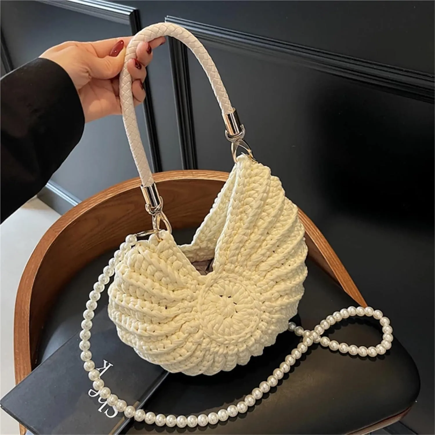 Seashell Bag Boho Shell Purse Handwoven Crossbody Bag for Women with Pearl Strap Leather Handle & Premium Hardware