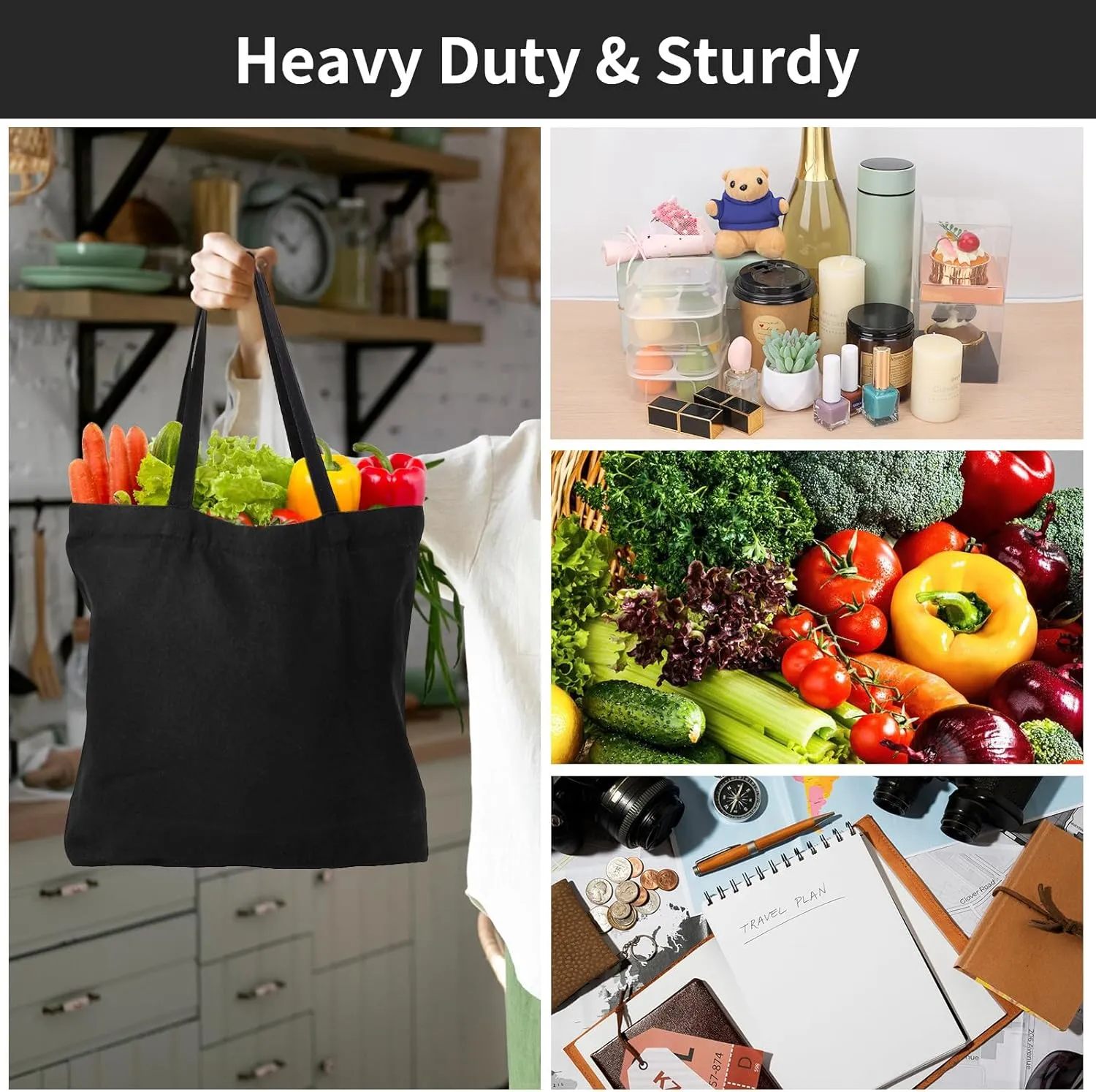 Segarty Black Canvas Tote, 6 Packs 16x15 inch Canvas Bags with Zipper, 12Oz Heavy Duty Canvas Reusable Grocery Shopping Bags, Plain Bag for Women Crafts Painting Embroidery, Gift Bags Bulk