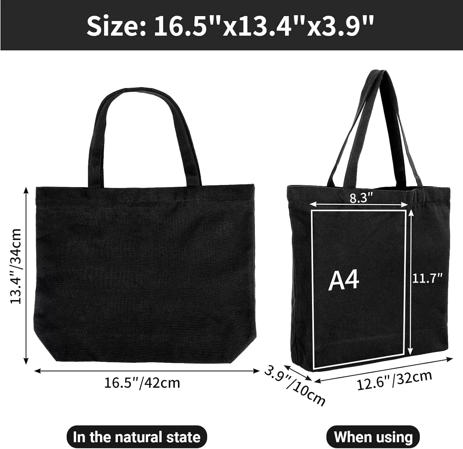 Segarty Black Canvas Tote, 6 Packs 16x15 inch Canvas Bags with Zipper, 12Oz Heavy Duty Canvas Reusable Grocery Shopping Bags, Plain Bag for Women Crafts Painting Embroidery, Gift Bags Bulk