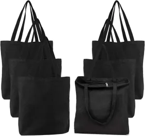 Segarty Black Canvas Tote, 6 Packs 16x15 inch Canvas Bags with Zipper, 12Oz Heavy Duty Canvas Reusable Grocery Shopping Bags, Plain Bag for Women Crafts Painting Embroidery, Gift Bags Bulk