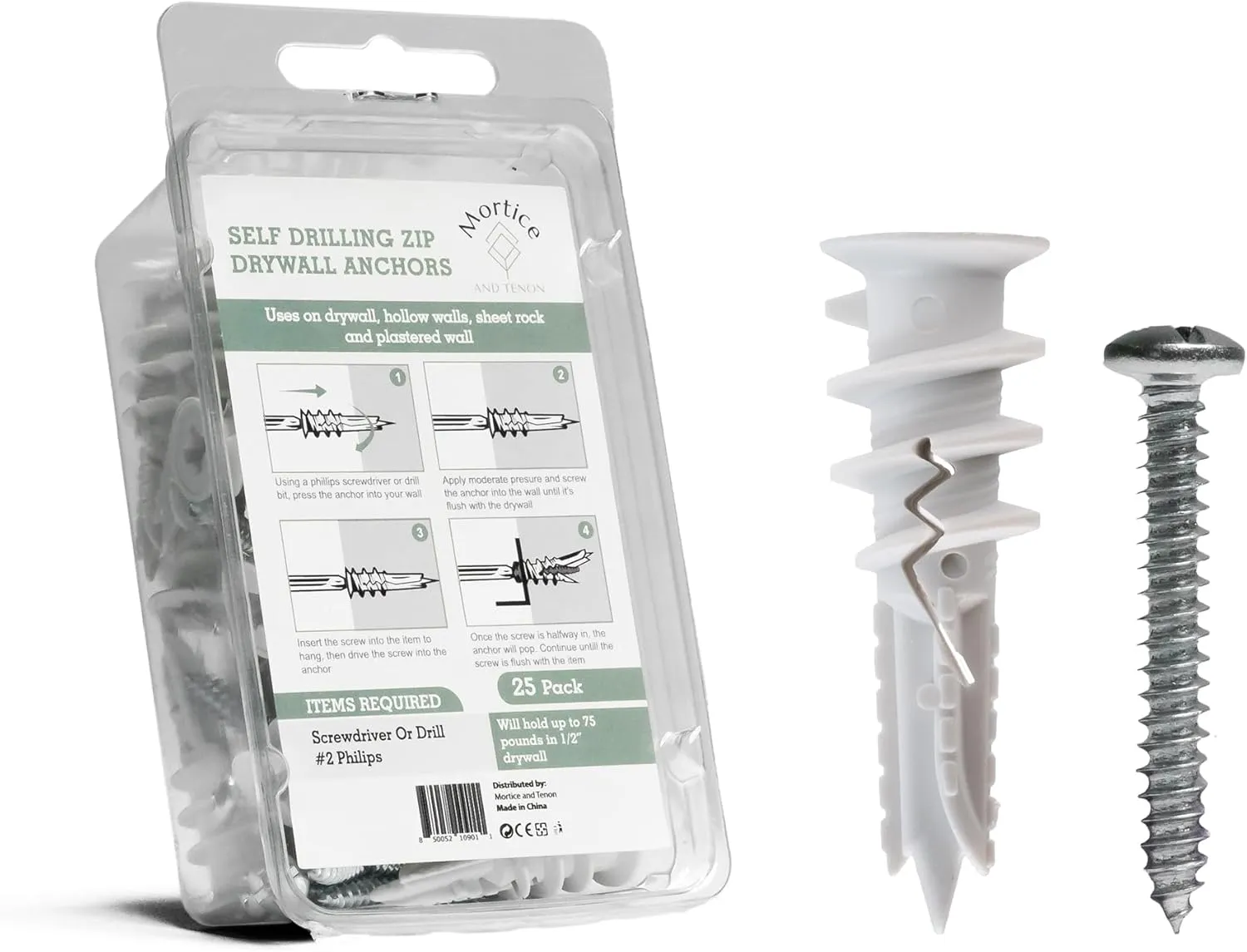 Self-Drilling Drywall Anchor Kit – 25 Pack | Heavy-Duty Nylon Anchors with #8 x 1-1/4" Screws | Anti-Crack Design | Clean Flush Mounting - 90 lbs