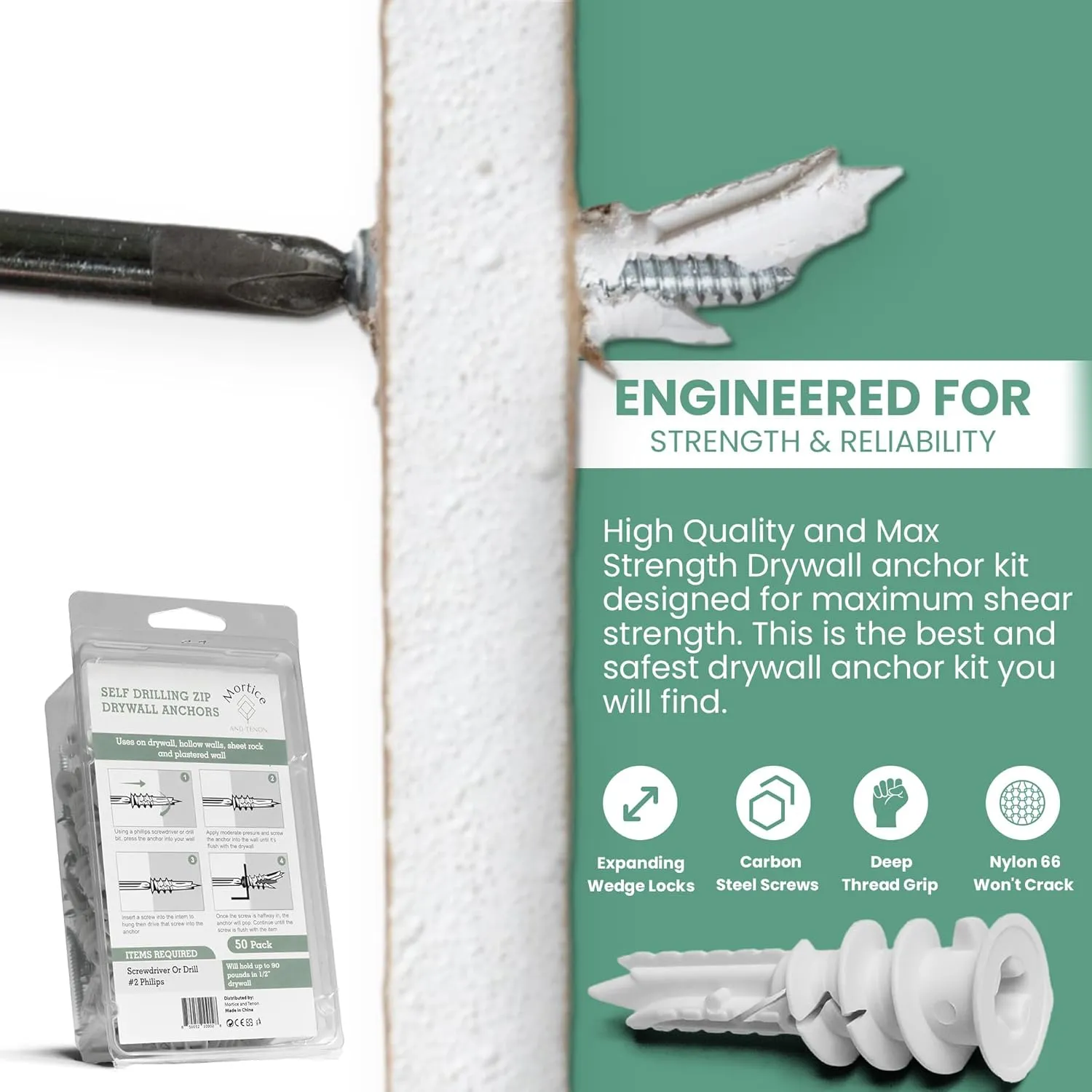 Self-Drilling Drywall Anchor Kit – 25 Pack | Heavy-Duty Nylon Anchors with #8 x 1-1/4" Screws | Anti-Crack Design | Clean Flush Mounting - 90 lbs