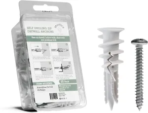 Self-Drilling Drywall Anchor Kit – 25 Pack | Heavy-Duty Nylon Anchors with #8 x 1-1/4" Screws | Anti-Crack Design | Clean Flush Mounting - 90 lbs
