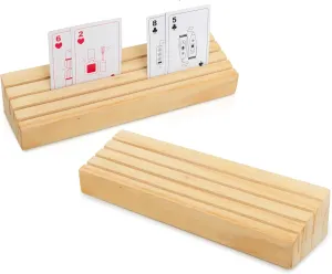 Set of 2 Wooden Playing Card Holders - 4 Tier Card Rack Deck Stand For Adults, Seniors - Hands Free Card Display Tray Game Organizer for Canasta Bridge Poker Uno Go Fish, Family Strategy Card Night