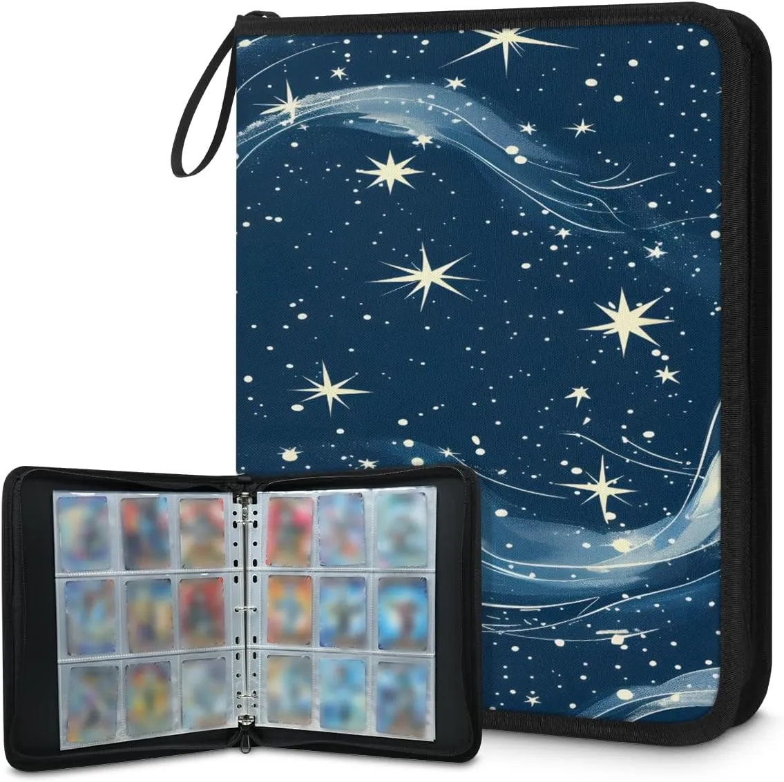 Shining Starry Sky 3 Ring Trading Zipper Binder Strap, Trading Card Binder 4 Pocket, 400 Pockets Card Holder with 50 Removable Sleeves for Game Cards