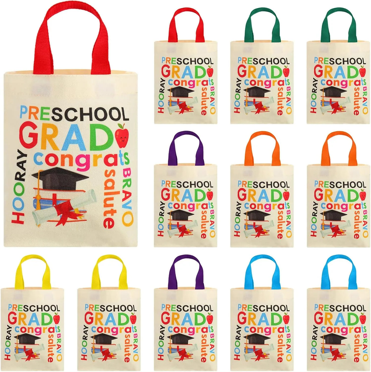 Silkfly 12 Pcs Mini Kindergarten Preschool Graduation Totes Graduation Party Favor Bags Canvas Tote Bags for Kids Boy Girl(Preschool)