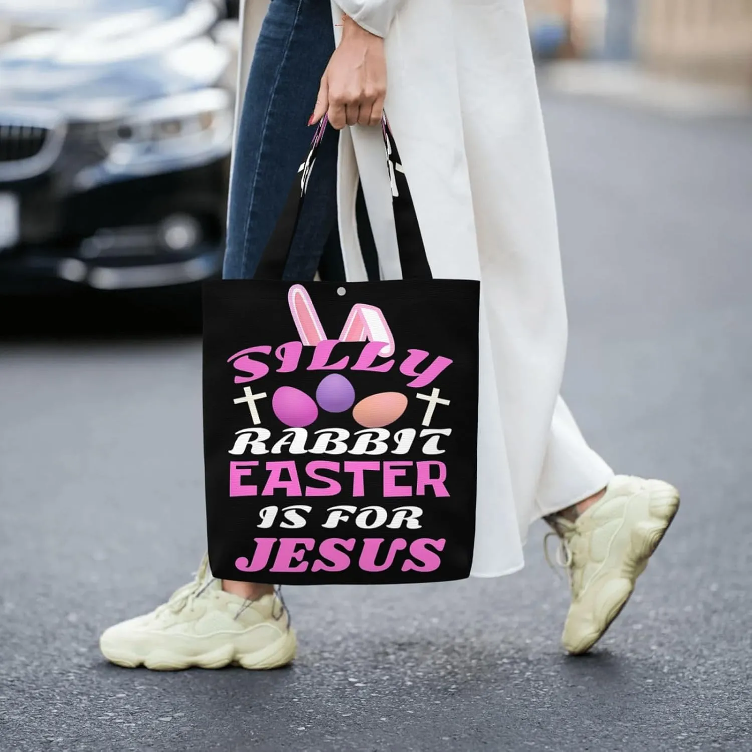 Silly Rabbit Easter Is For Jesus Canvas Totes Bag Shoulder Bags Shopping Crossbody Travel Handbag 13.8 X 15.4 inch