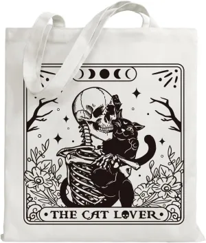Skull Black Cat Canvas Tote Bag Vintage Cute Tote Bag for Woman Cat Lover Aesthetic Reusable Shopping Grocery Bags Birthday Gifts for Women