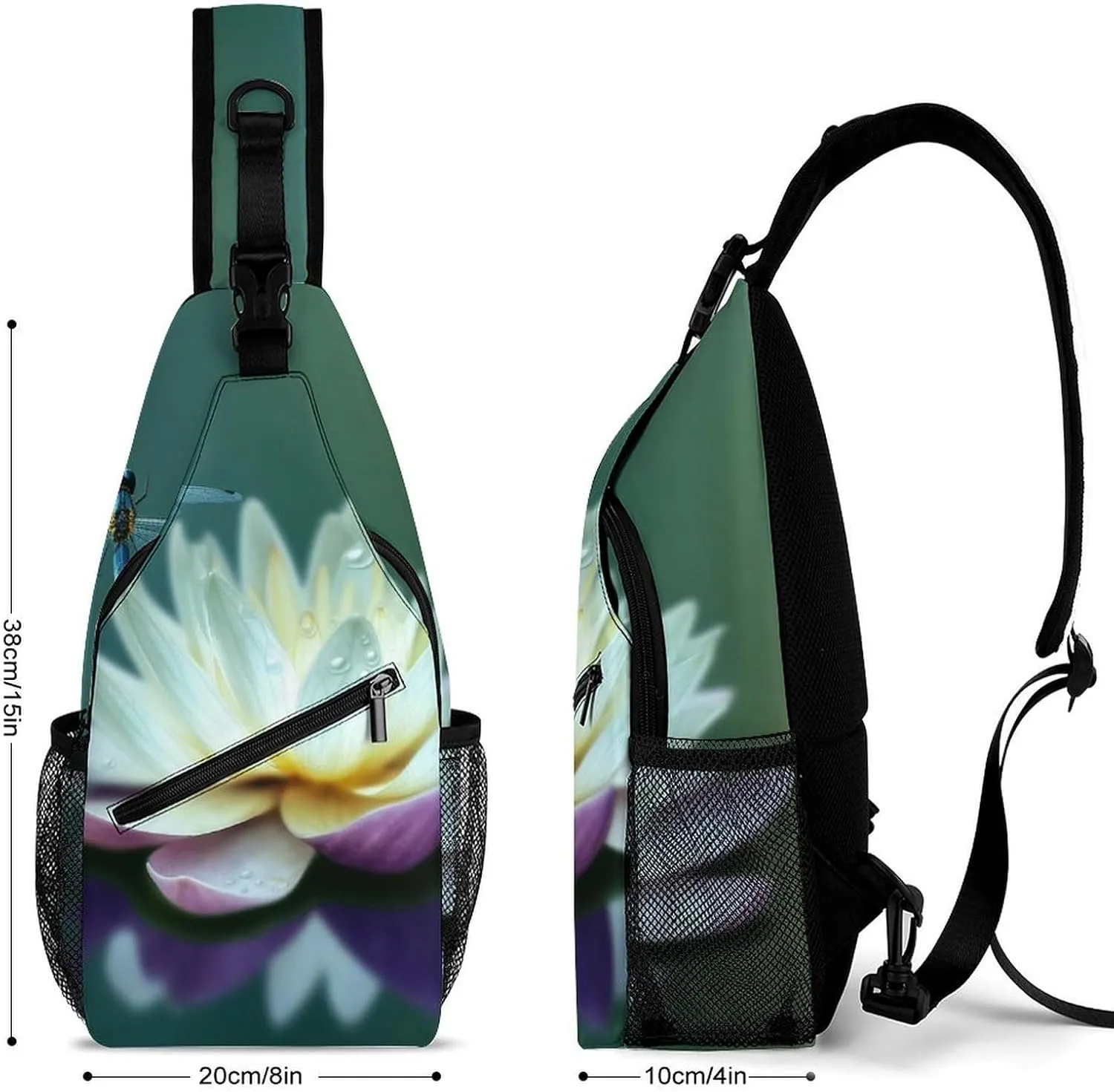 Sling Bag for Women Travel Crossbody Dragonfly with Water Lily Fanny Pack Casual Daypack Cross Body Chest Bag