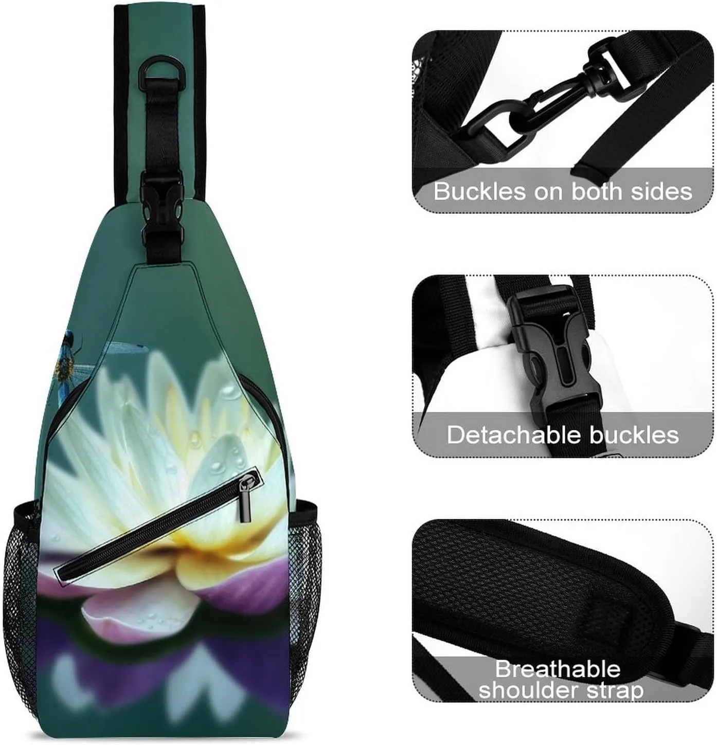 Sling Bag for Women Travel Crossbody Dragonfly with Water Lily Fanny Pack Casual Daypack Cross Body Chest Bag