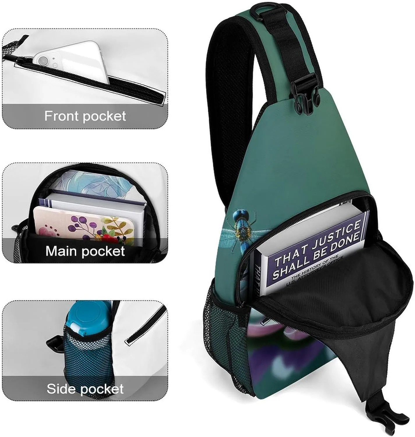 Sling Bag for Women Travel Crossbody Dragonfly with Water Lily Fanny Pack Casual Daypack Cross Body Chest Bag