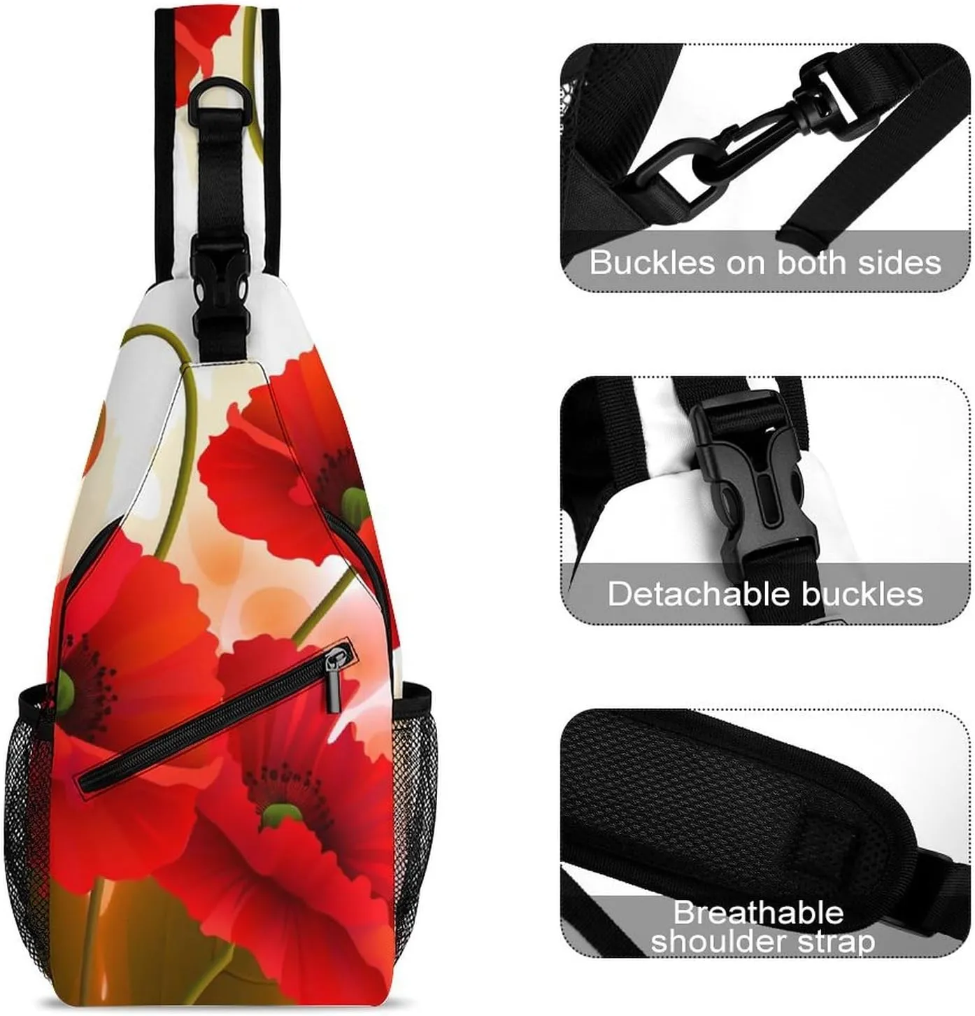 Sling Bag for Women Travel Crossbody Poppy Flowers Vivid Petals Fanny Pack Casual Daypack Cross Body Chest Bag