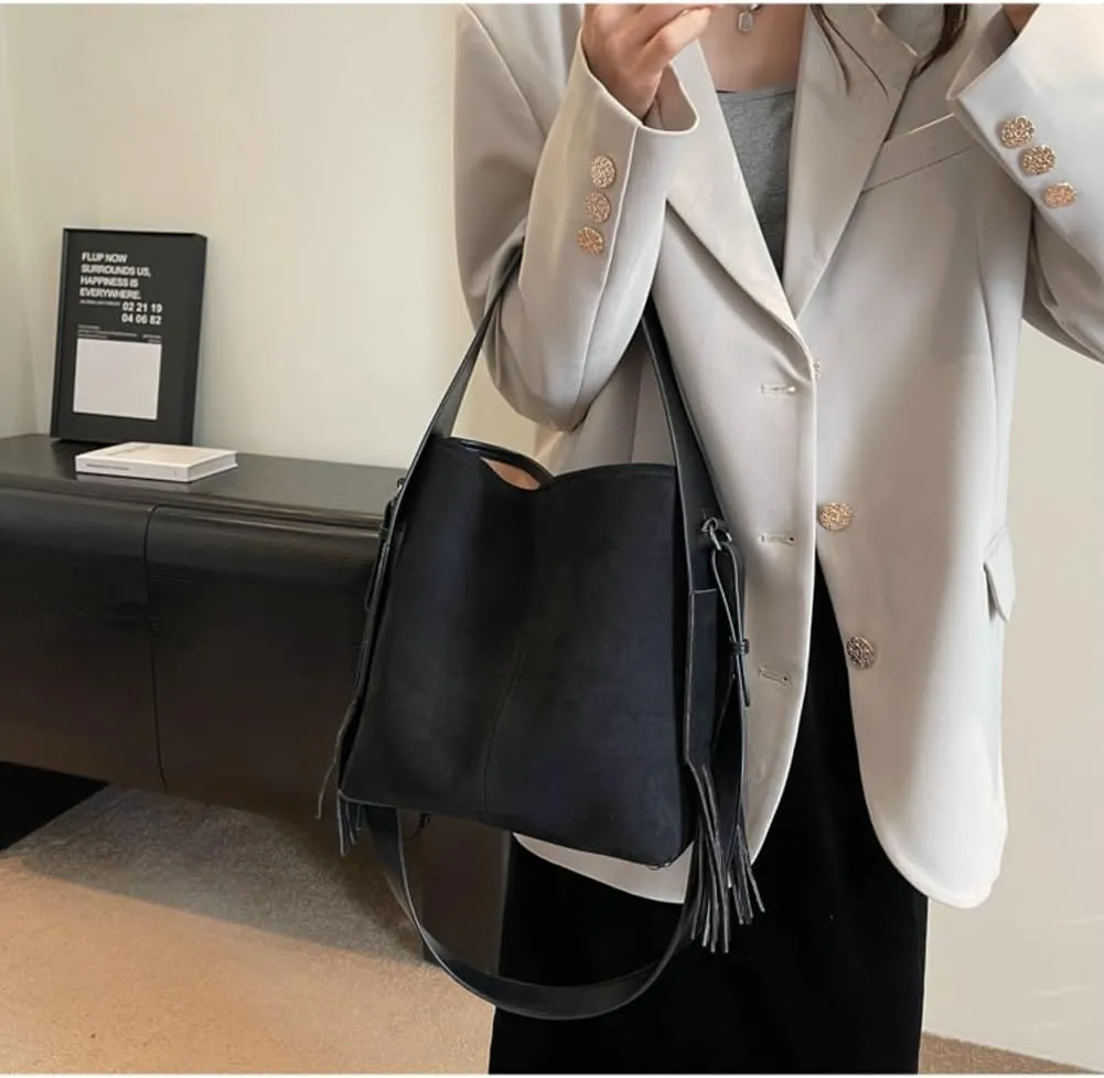 Slouchy Suede Bucket Bag Women Trendy Corduroy Boho Satchels Shoulder Bag Crossbody Purse Top-handle Tote Handbag 2024