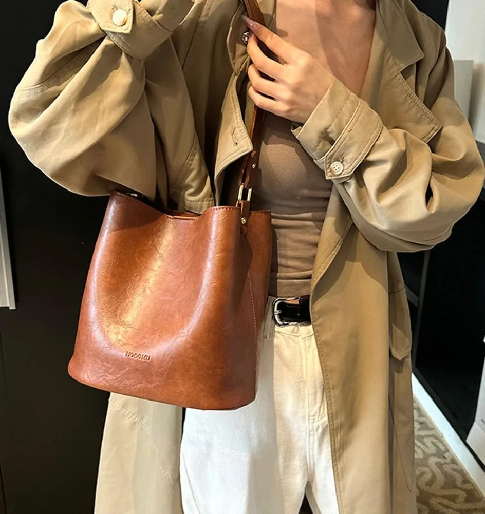 Soft Leather Bucket Bag for Women Vintage Shoulder Bag Underarm Purse Work Tote Handbag with Wallet Daily Handbag