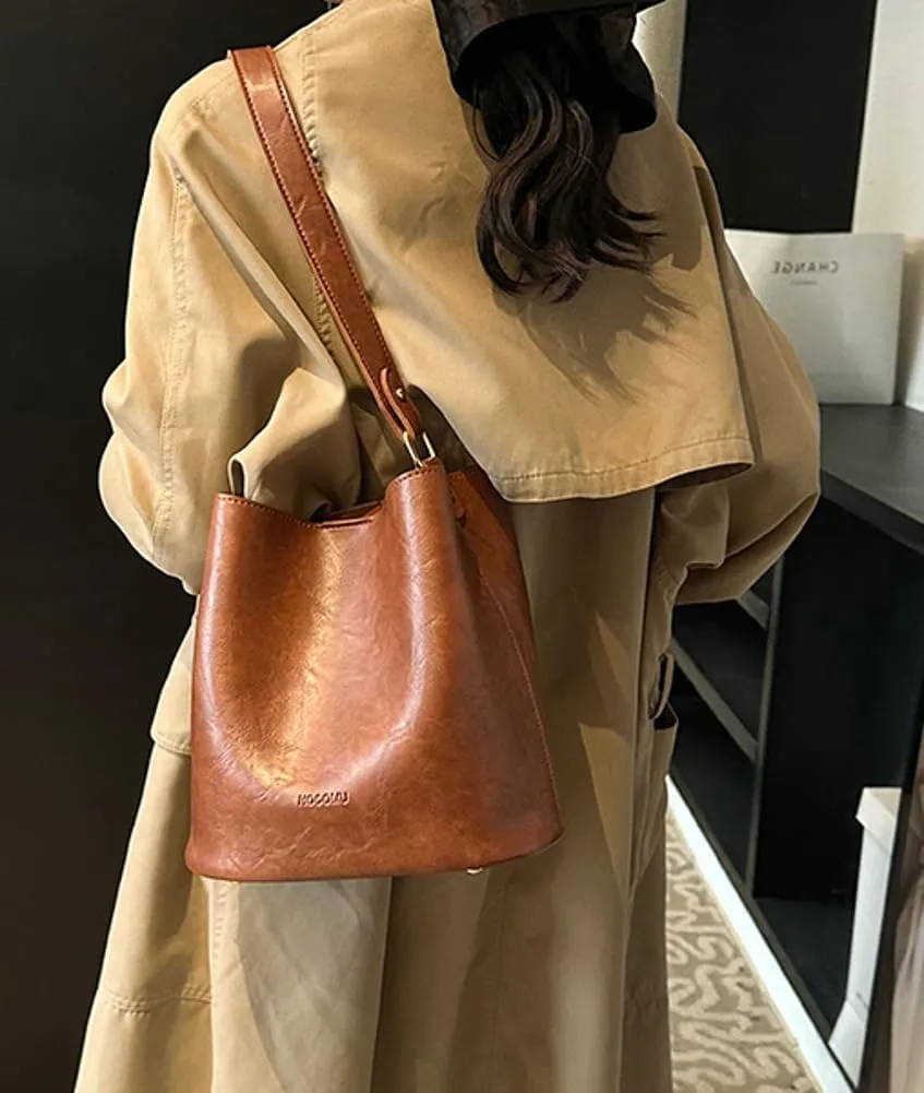 Soft Leather Bucket Bag for Women Vintage Shoulder Bag Underarm Purse Work Tote Handbag with Wallet Daily Handbag