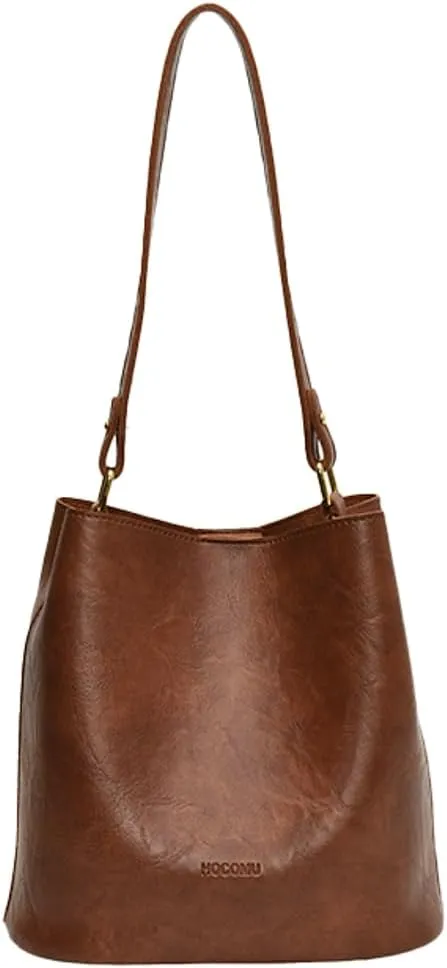 Soft Leather Bucket Bag for Women Vintage Shoulder Bag Underarm Purse Work Tote Handbag with Wallet Daily Handbag