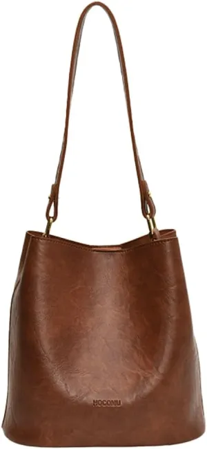 Soft Leather Bucket Bag for Women Vintage Shoulder Bag Underarm Purse Work Tote Handbag with Wallet Daily Handbag