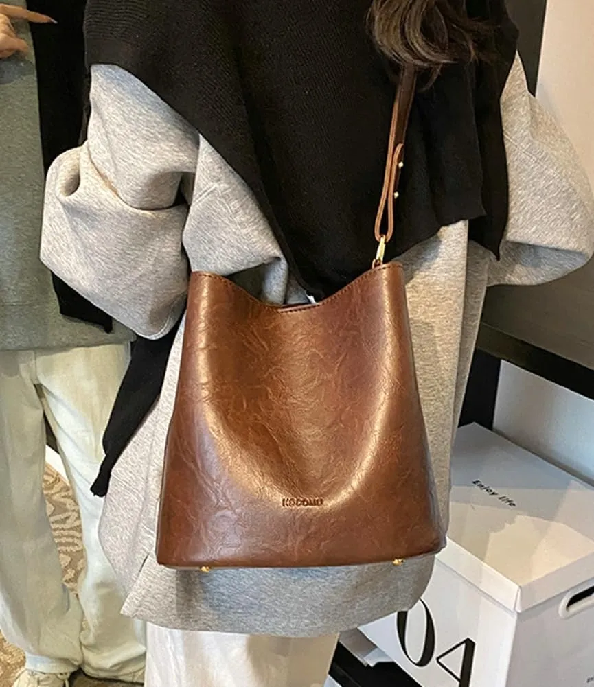 Soft Leather Bucket Bag for Women Vintage Shoulder Bag Underarm Purse Work Tote Handbag with Wallet Daily Handbag