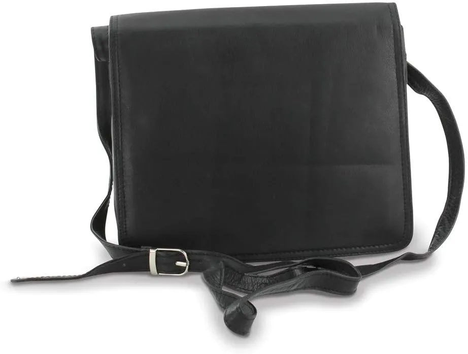 Solid Black Leather Medium Organizer Crossbody Bag