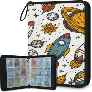 Space Planet Rocket 3 Ring Trading Zipper Binder Strap, Trading Card Binder 4 Pocket, 400 Pockets Card Holder with 50 Removable Sleeves for Game Cards