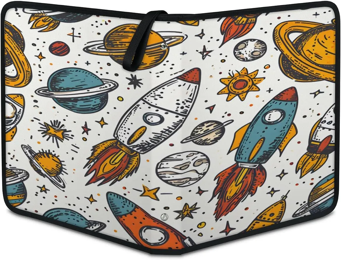Space Planet Rocket 3 Ring Trading Zipper Binder Strap, Trading Card Binder 4 Pocket, 400 Pockets Card Holder with 50 Removable Sleeves for Game Cards