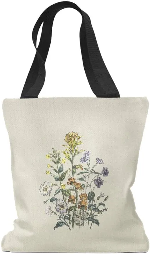 Speedy Pros Canvas Tote Bag for Women Browallia Mimulus Bush Violet Vintage Botanical Flowers