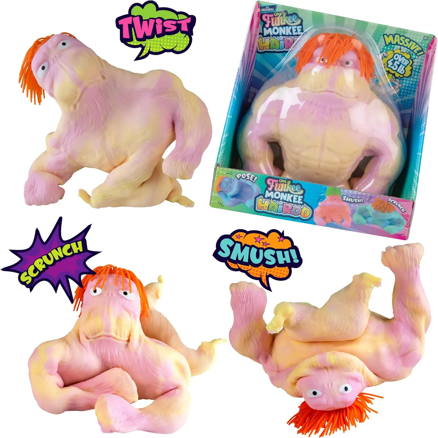 Squishy Monkey Toy - ORB Jumbo Hairdo Funkee Monkee (Yellow/Pink) - Big 4.5 Pound Stretchy Monkey Toy with Hair - Funny, Squishy, Squeeze for Stress Relief - Fun Collectible Fidget Stress Gorilla