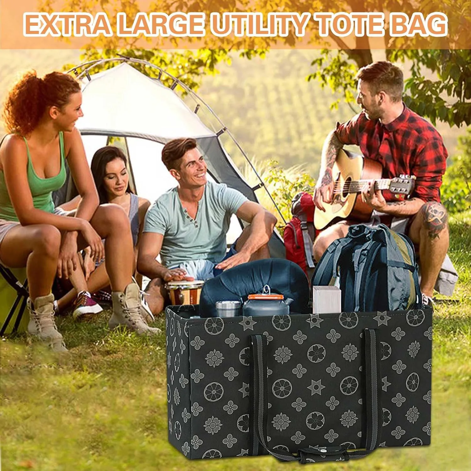 Standing Extra Large Utility Tote Bag with Metal Wire Frame, Large Structured Tote Bag with Hard Bottom, Beach Bag