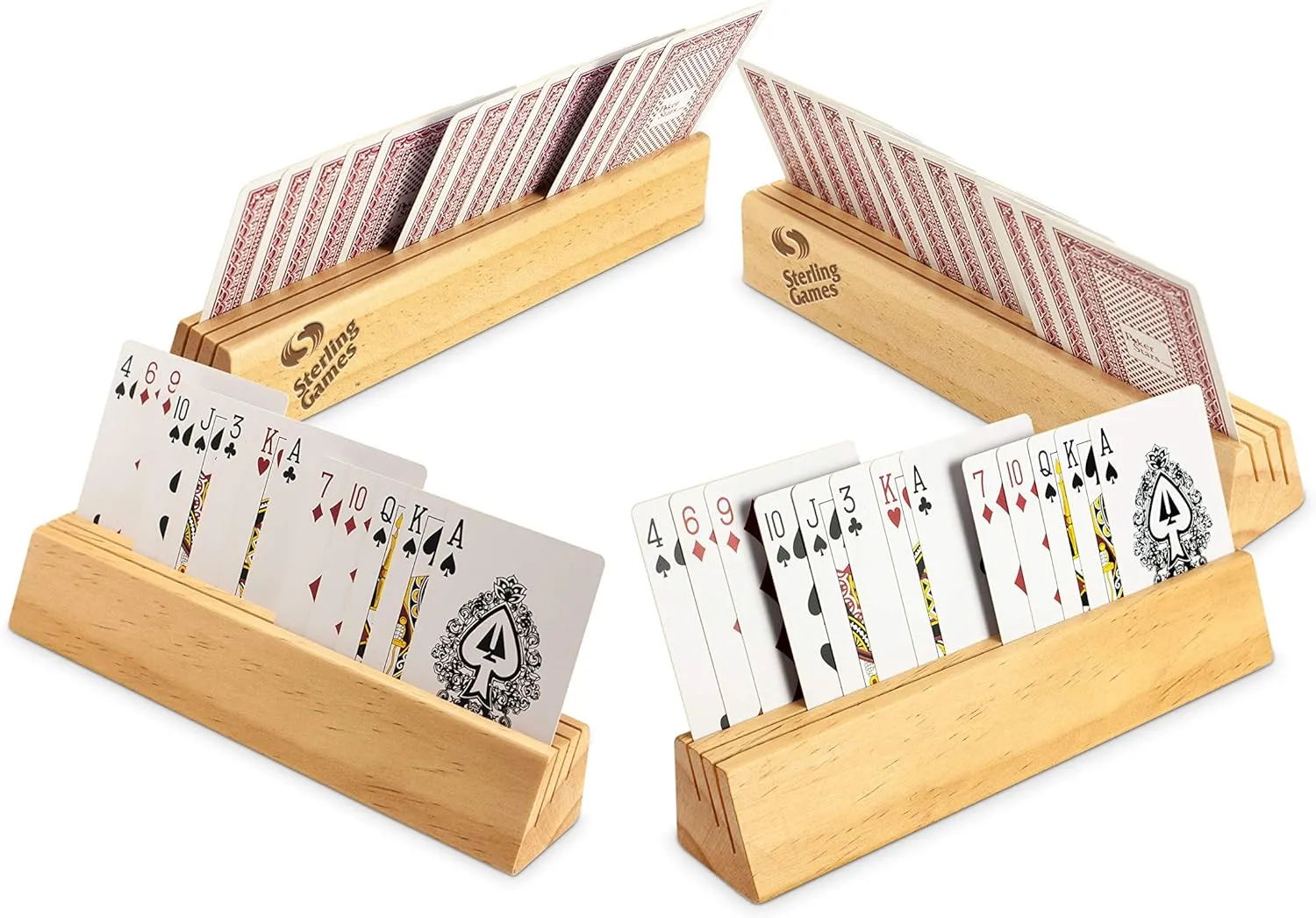 STERLING Games Wooden Playing Cards Holder, Set of 4 Playing Card Holders for Kids Seniors Adults, Card Holding Tray Rack Stand for All Card Games and Board Games