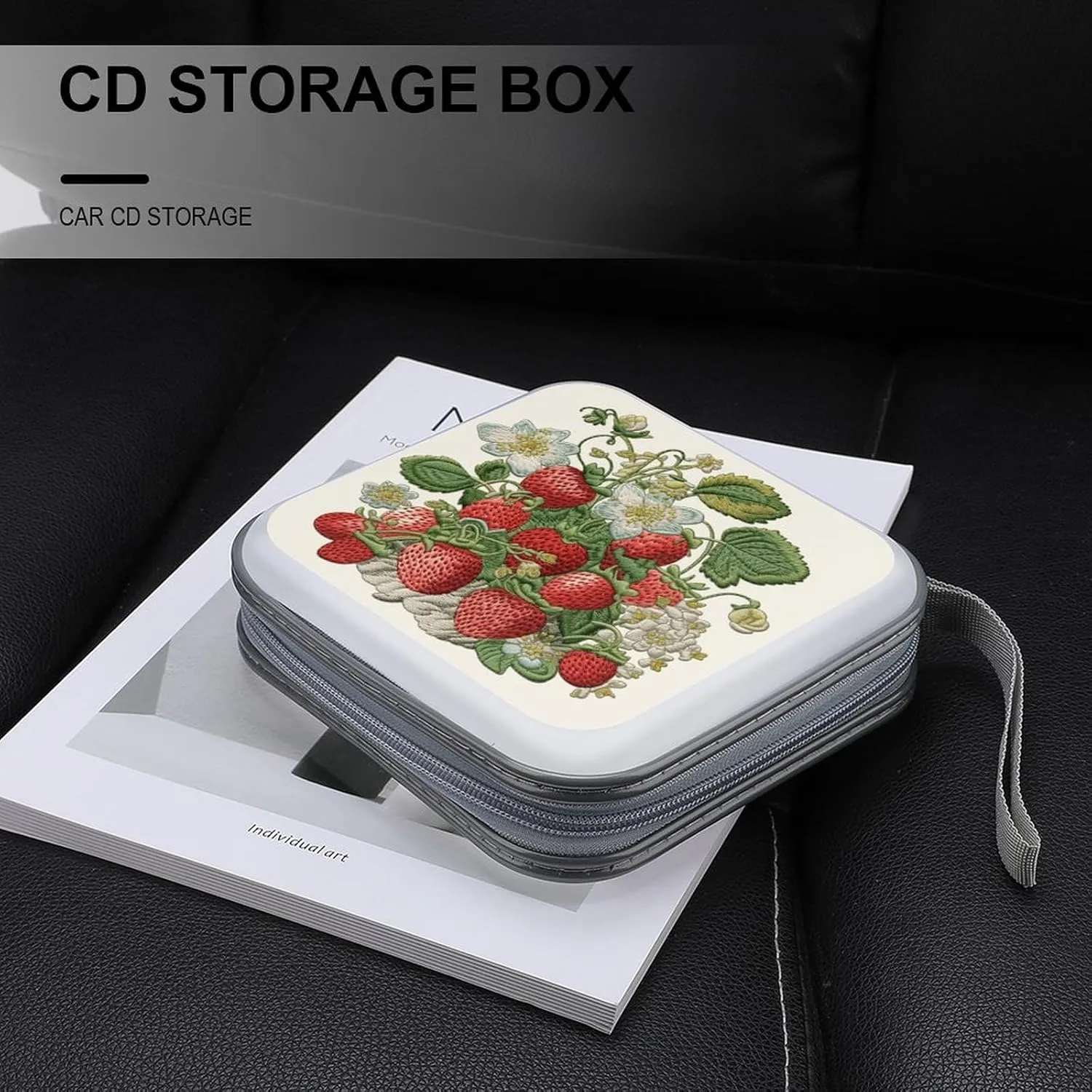 Strawberry Embroidery Portable CD Case Holder,DVD Wallet Holder 40 Capacity CD Cases Storage DVD Book Binder for Car Home Travel
