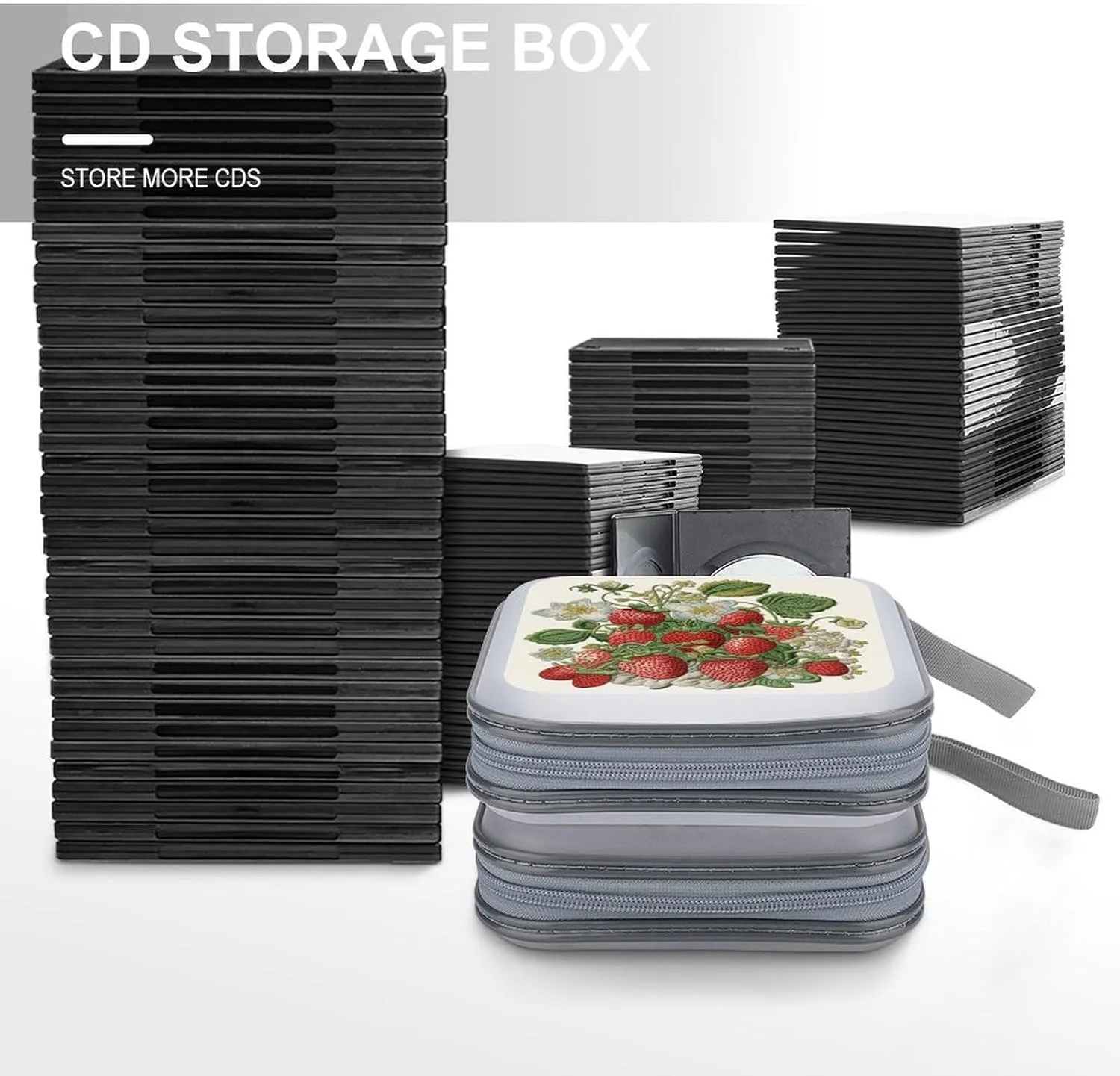 Strawberry Embroidery Portable CD Case Holder,DVD Wallet Holder 40 Capacity CD Cases Storage DVD Book Binder for Car Home Travel