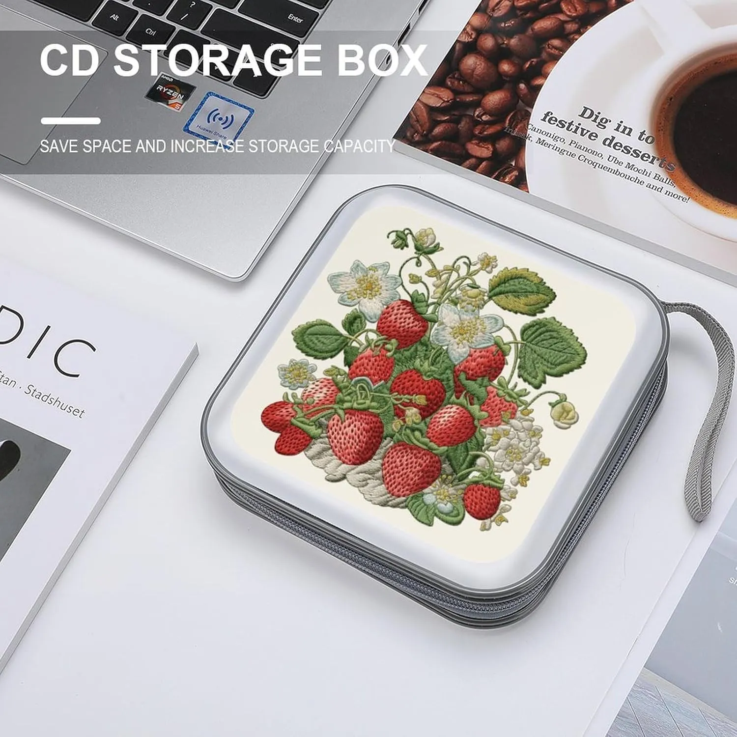 Strawberry Embroidery Portable CD Case Holder,DVD Wallet Holder 40 Capacity CD Cases Storage DVD Book Binder for Car Home Travel