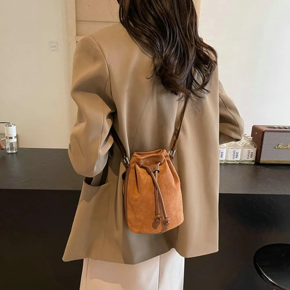 Suede Bucket Bag for Women Crossbody Purse Shoulder Bags Drawstring Hobo Bag Satchels Suede Bag Bucket Handbags