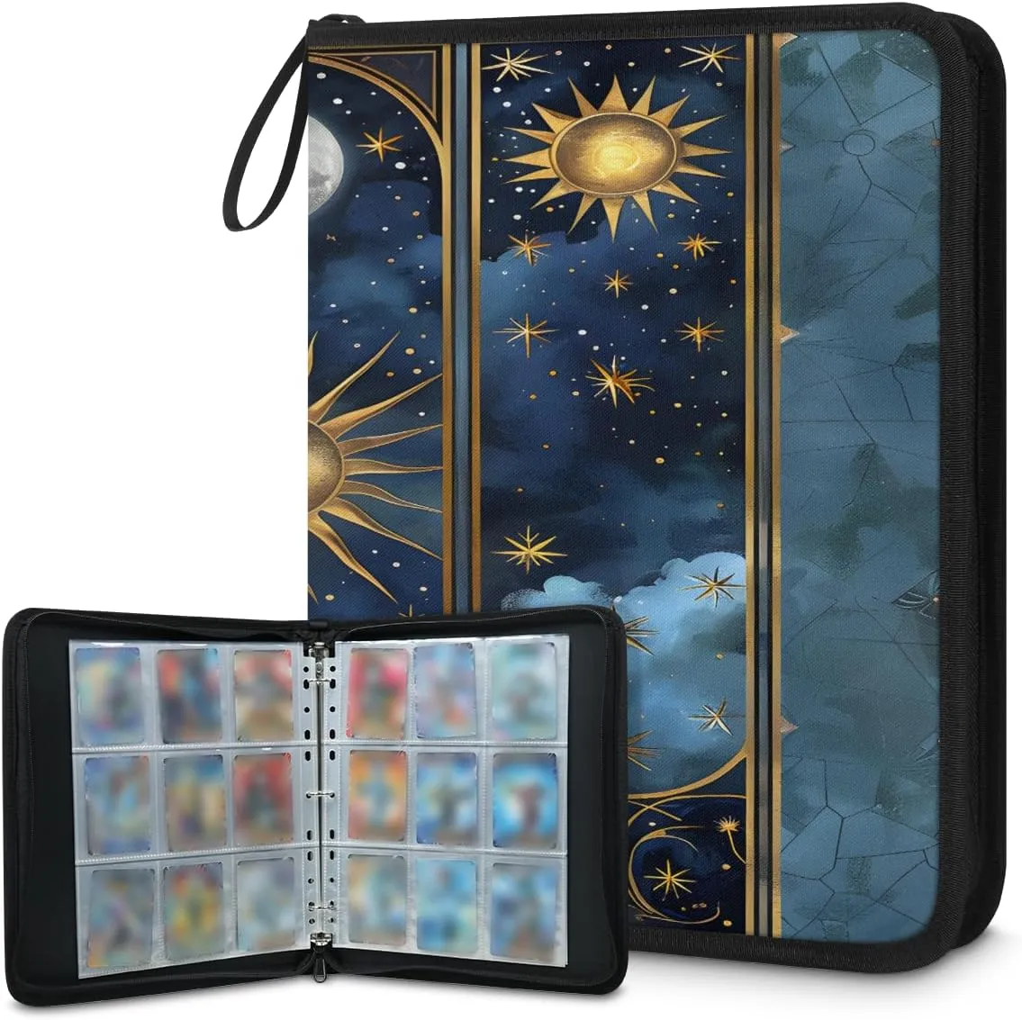 Sun Moon 3 Ring Trading Zipper Binder Strap, Trading Card Binder 4 Pocket, 400 Pockets Card Holder with 50 Removable Sleeves for Game Cards