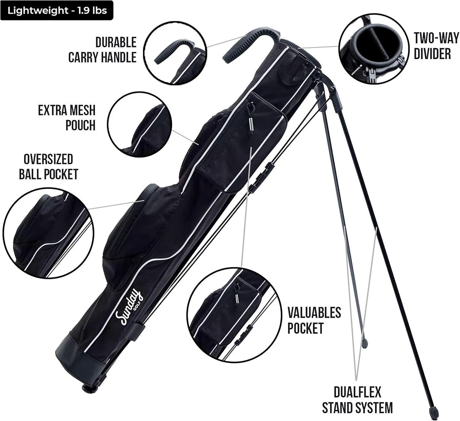 Sunday Golf - Lightweight Sunday Golf Bag with Strap and Stand – Easy to Carry and Durable Pitch n Putt Golf Bag – Golf Stand Bag for The Driving Range, Par 3 and Executive Courses – 31.5 inches Tall…