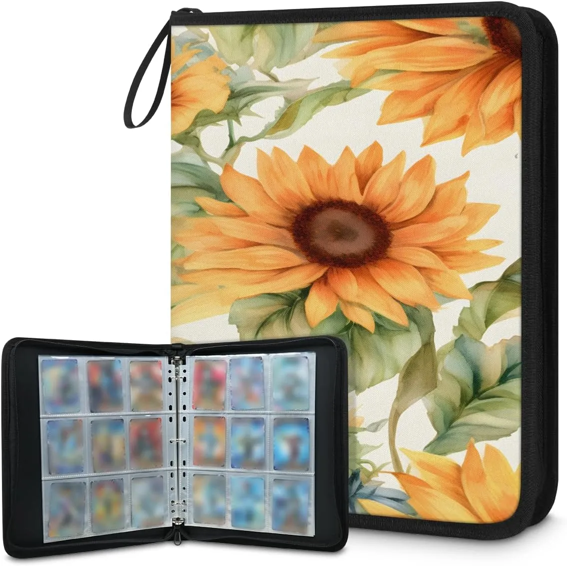 Sunflower Palm Leaf 3 Ring Trading Zipper Binder Strap, Trading Card Binder 4 Pocket, 400 Pockets Card Holder with 50 Removable Sleeves for Game Cards