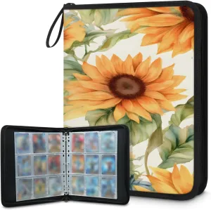 Sunflower Palm Leaf 3 Ring Trading Zipper Binder Strap, Trading Card Binder 4 Pocket, 400 Pockets Card Holder with 50 Removable Sleeves for Game Cards