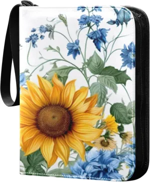 Sunflowers Bluebells Card Binder 4 Pocket Collectible Trading Card Albums with 50 Sleeves Double Side PU Waterproof 3 Ring for Sports & Game Cards