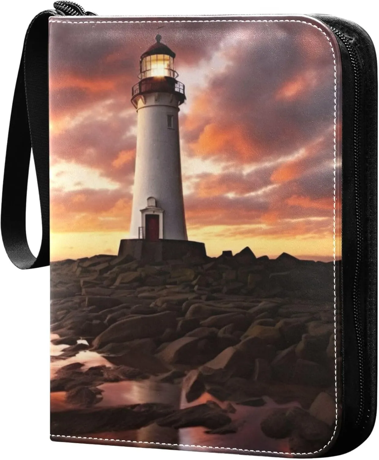 Sunset Lighthouse Card Binder 4 Pocket Collectible Trading Card Albums with 50 Sleeves Double Side PU Waterproof 3 Ring for Sports & Game Cards