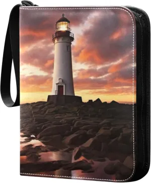 Sunset Lighthouse Card Binder 4 Pocket Collectible Trading Card Albums with 50 Sleeves Double Side PU Waterproof 3 Ring for Sports & Game Cards
