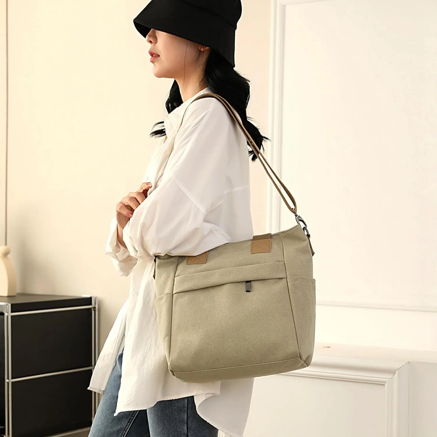 Sunshinejing Women's Canvas Tote Bag Top Handle Handbag Work Totes Purse Shoulder Crossbody Bag