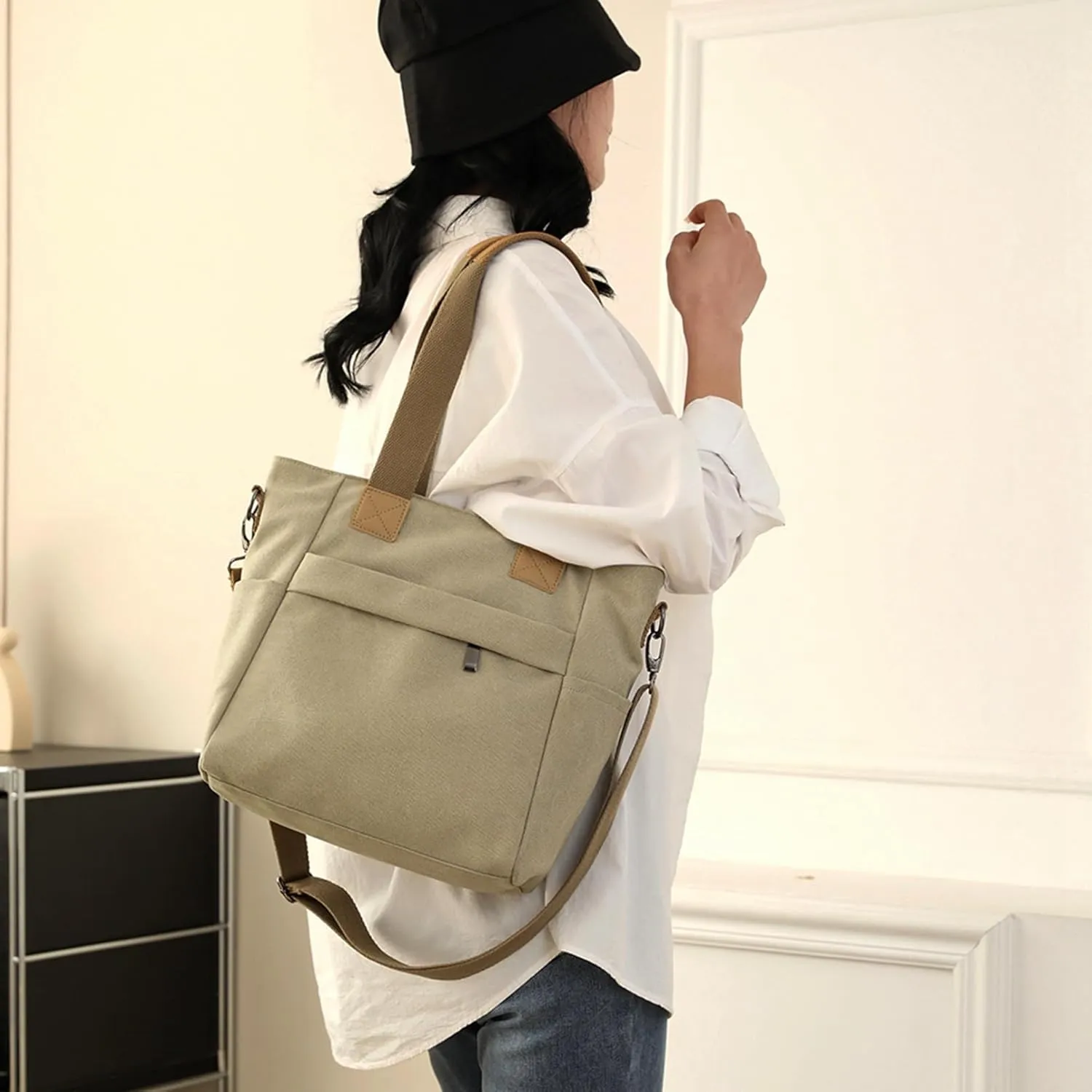 Sunshinejing Women's Canvas Tote Bag Top Handle Handbag Work Totes Purse Shoulder Crossbody Bag