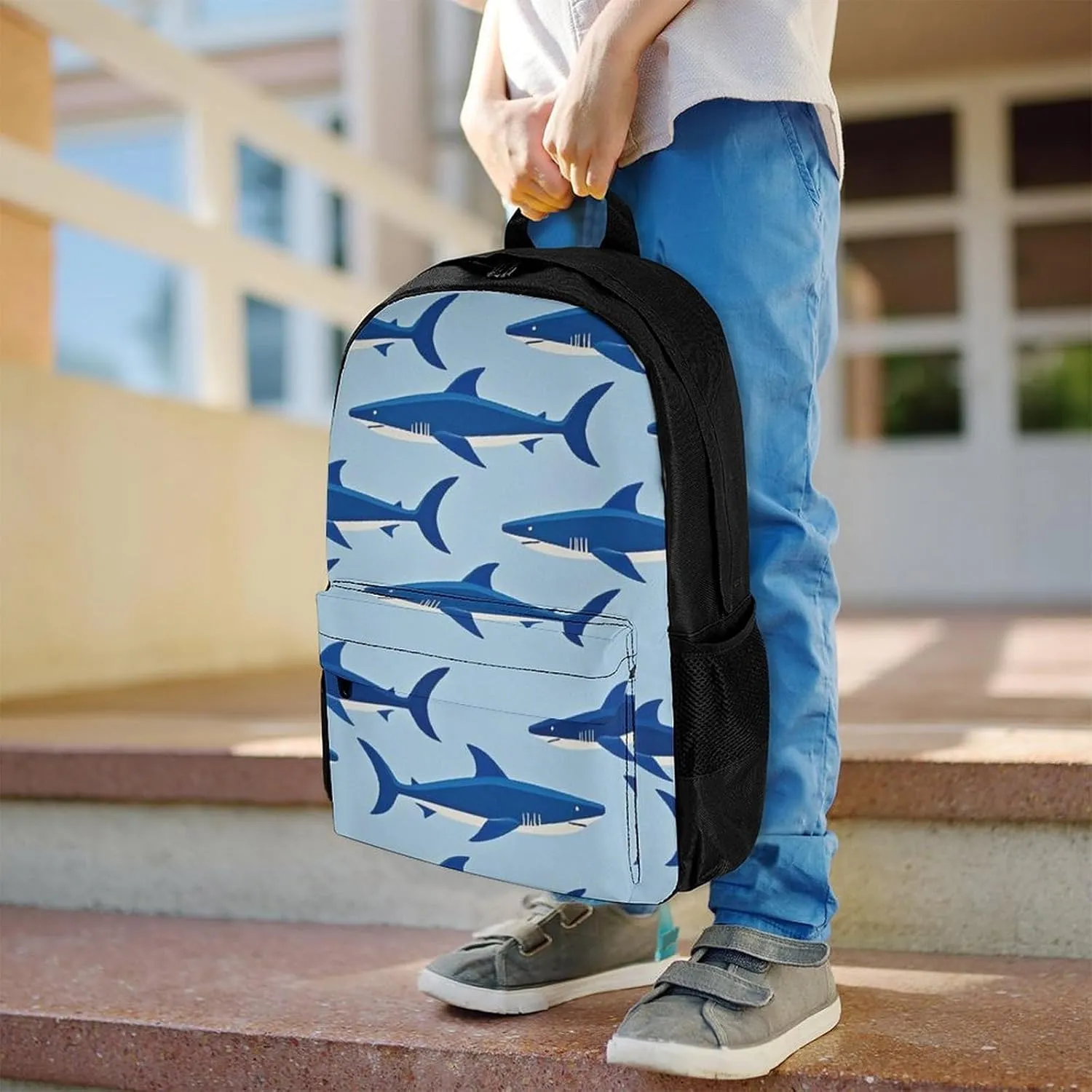 Supdreamc Blue Ocean Sea Shark Art Shoulder Book Bags Polyester Multipurpose Anti-Theft Carry On Bag Large Capacity Travel Hiking & Camping Rucksack