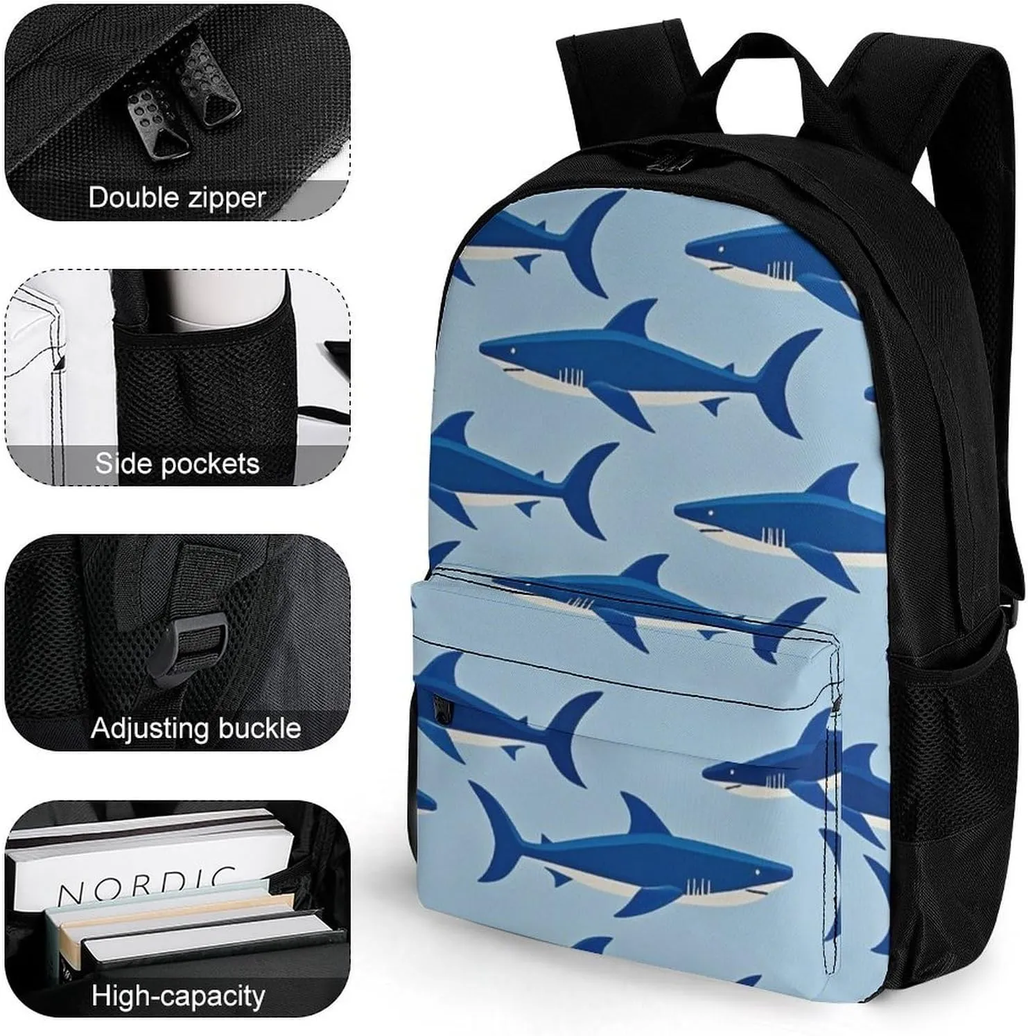 Supdreamc Blue Ocean Sea Shark Art Shoulder Book Bags Polyester Multipurpose Anti-Theft Carry On Bag Large Capacity Travel Hiking & Camping Rucksack