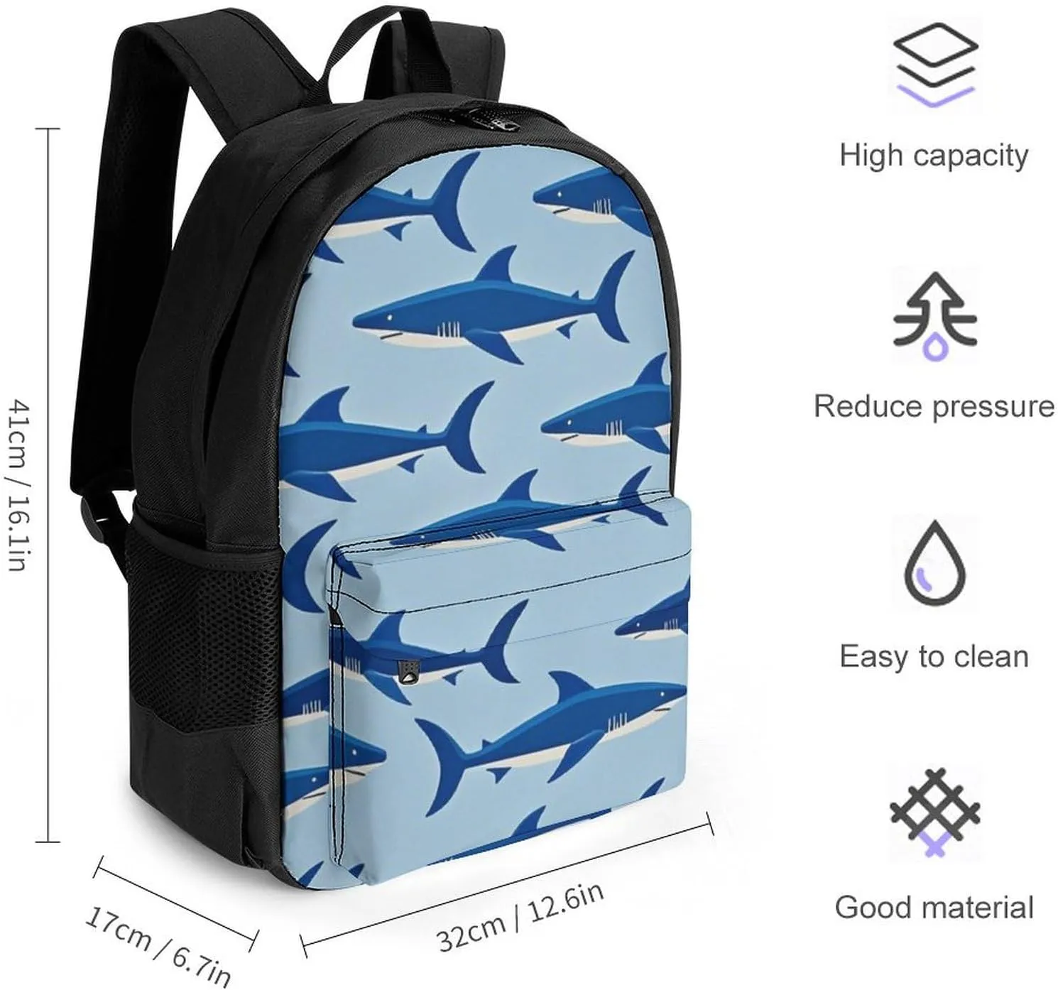 Supdreamc Blue Ocean Sea Shark Art Shoulder Book Bags Polyester Multipurpose Anti-Theft Carry On Bag Large Capacity Travel Hiking & Camping Rucksack