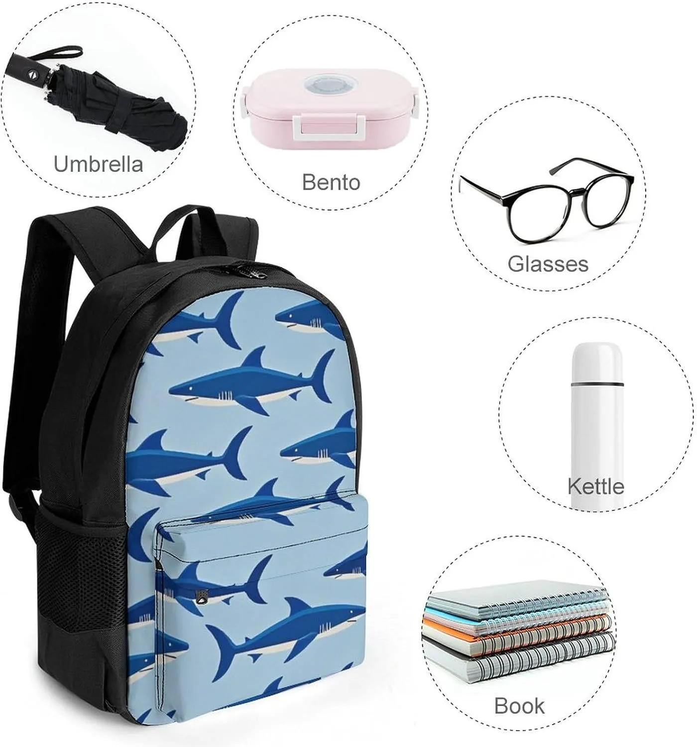 Supdreamc Blue Ocean Sea Shark Art Shoulder Book Bags Polyester Multipurpose Anti-Theft Carry On Bag Large Capacity Travel Hiking & Camping Rucksack