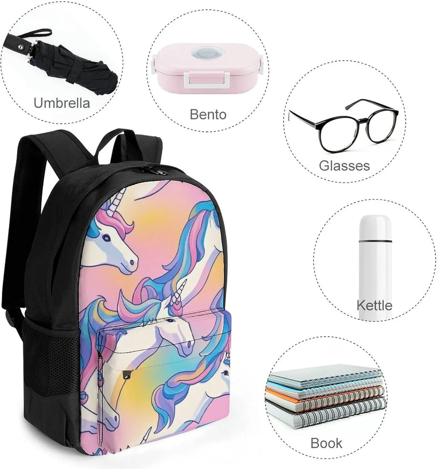 Supdreamc Lightweight Daypack Bookbag for Trekking Business Walking Cycling - Big Capacity Anti-Theft Multipurpose Carry On Bag, Cute Rainbow Unicorn Art Business Computer Bag