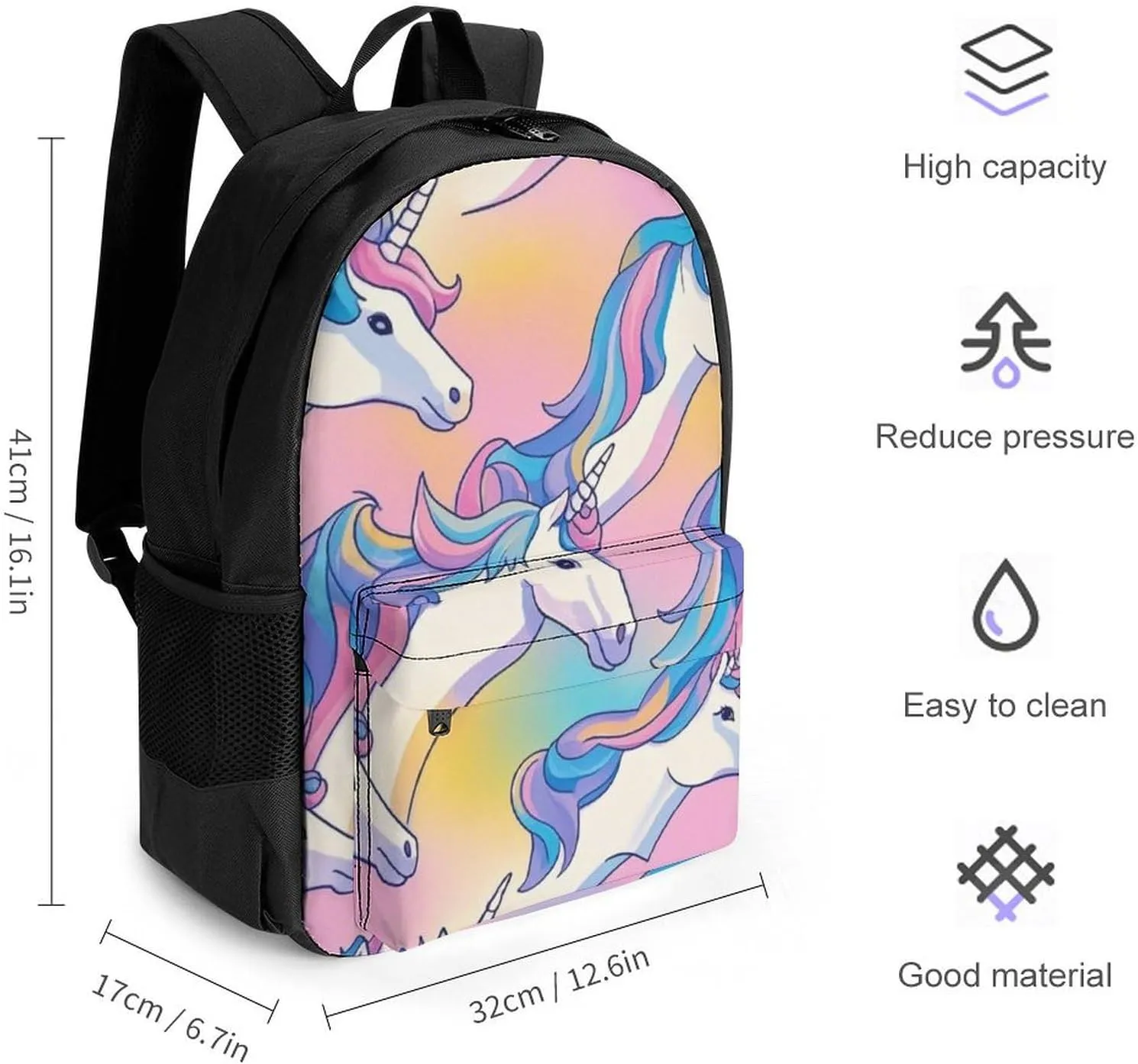 Supdreamc Lightweight Daypack Bookbag for Trekking Business Walking Cycling - Big Capacity Anti-Theft Multipurpose Carry On Bag, Cute Rainbow Unicorn Art Business Computer Bag