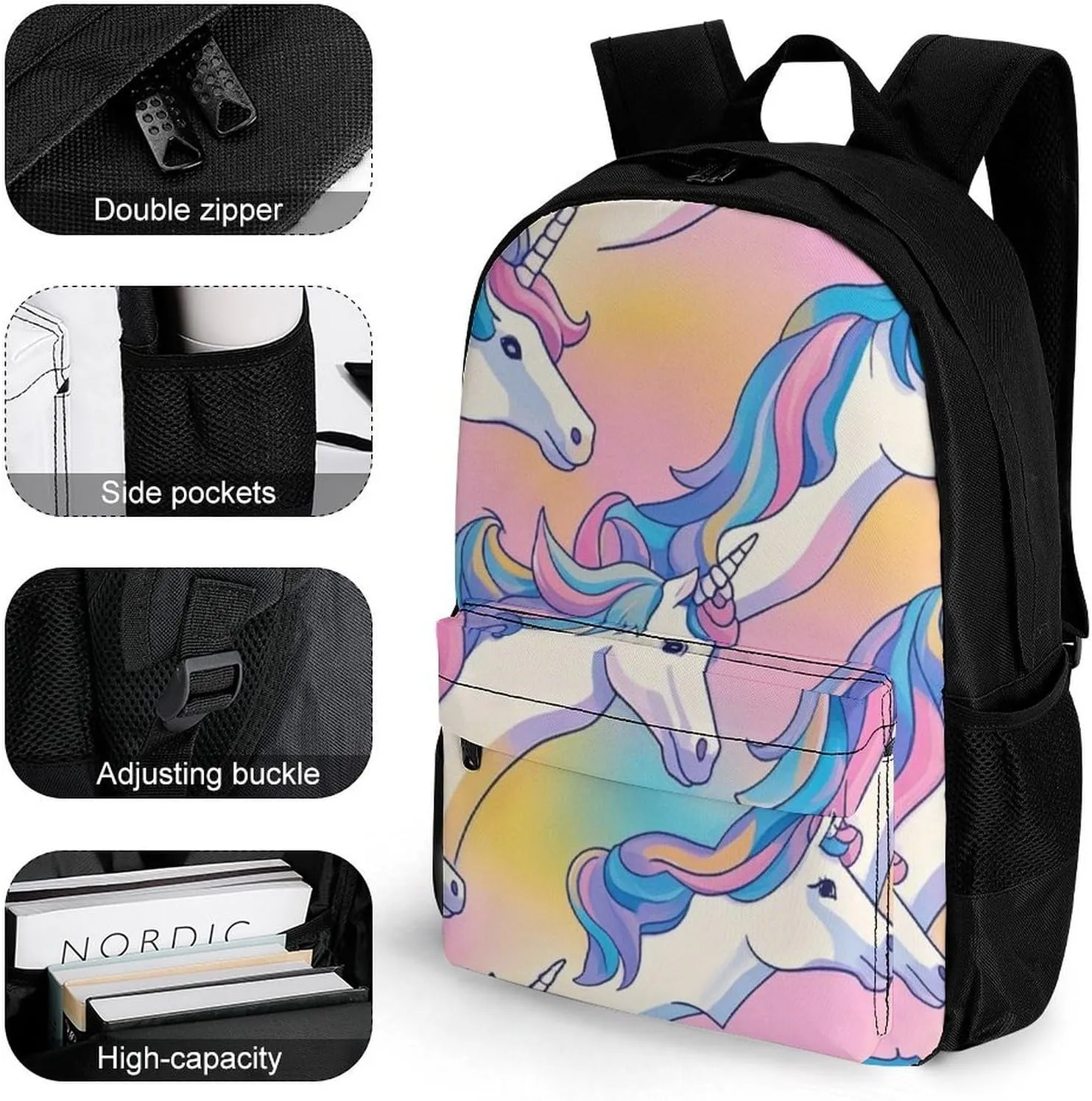 Supdreamc Lightweight Daypack Bookbag for Trekking Business Walking Cycling - Big Capacity Anti-Theft Multipurpose Carry On Bag, Cute Rainbow Unicorn Art Business Computer Bag